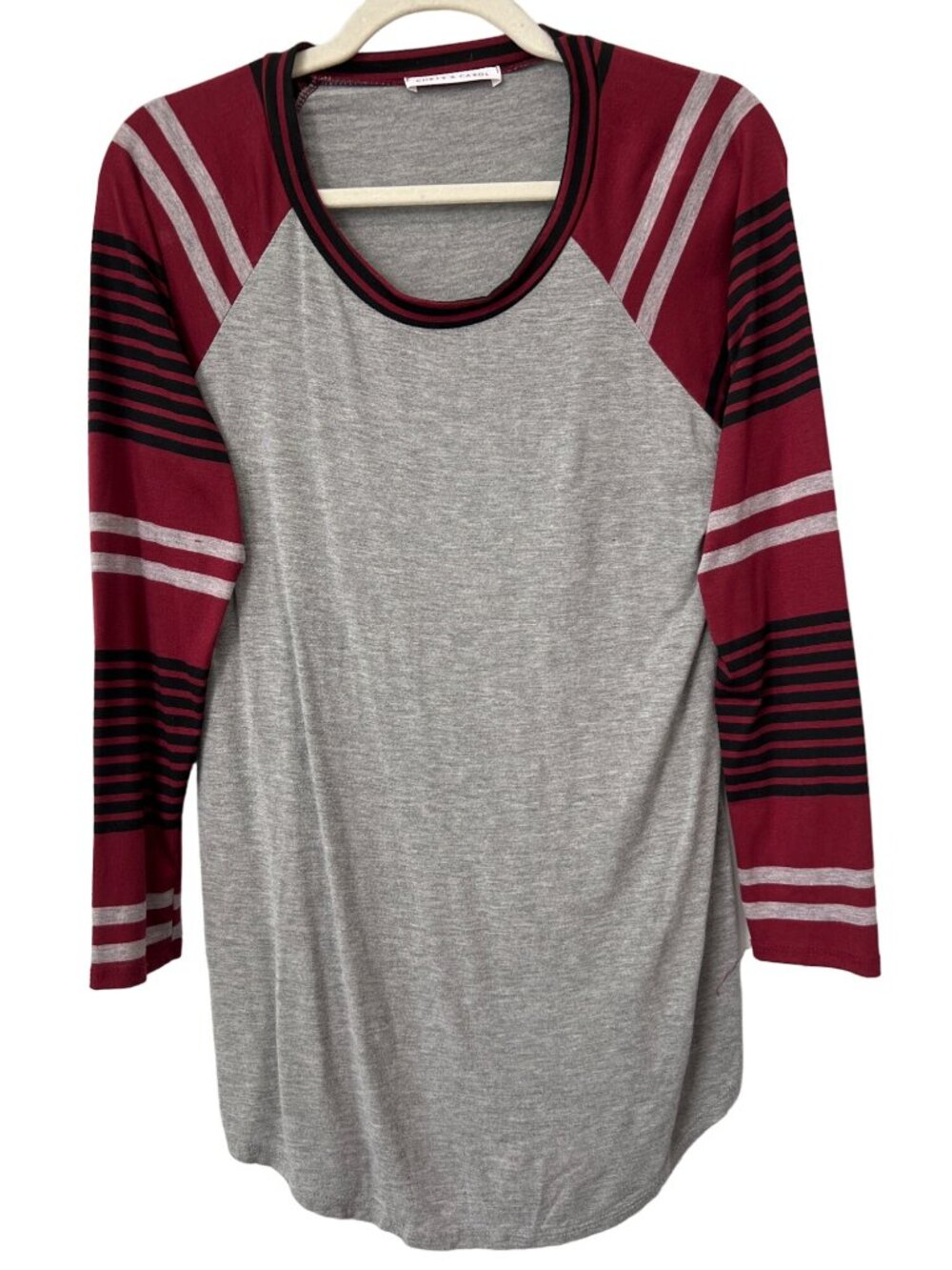 Chris Carol Raglan Tee Size Medium Stripe Sleeve Gray Red Black Long Sleeve